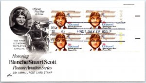 US COVER FIRST DAY OF ISSUE BLANCHE STUART SCOTT PIONEER WOMAN AVIATOR BLOCK 4 C