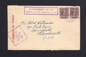 AUSTRALIA: 1943 CENSORED Cover to US - AIR CONCESSION RATE