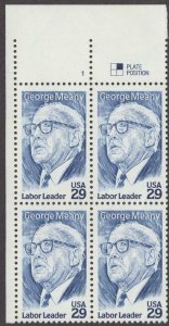 1994 George Meany Plate Block of 4 29c Postage Stamps, Sc# 2848, MNH, OG