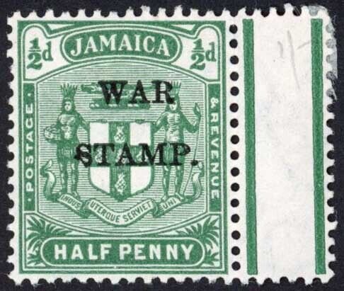 Jamaica SG73 1/2d Blue-green Damaged S U/M (mounted in margin)