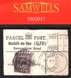 GB Sussex KGV 9d PARCEL POST LABEL Bexhill *DEVONSHIRE ROAD* CDS 1921 SS2017