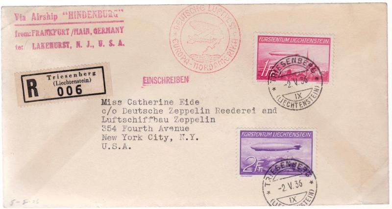 1936 Lichtenstein Hindenburg Zeppelin LZ 129 cover to USA # C15 C 16 comp set