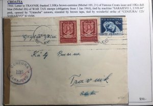 1944 Sarajevo Croatia Germany Censored Cover To Travnik War Tax Stamp