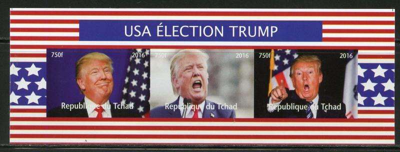 CHAD 2016 USA ELECTION DONALD TRUMP  SHEET OF THREE IMPERFORATE  MINT NH