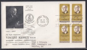 Canada Scott 491 Blk 4 Rose Craft FDC - Vincent Massey