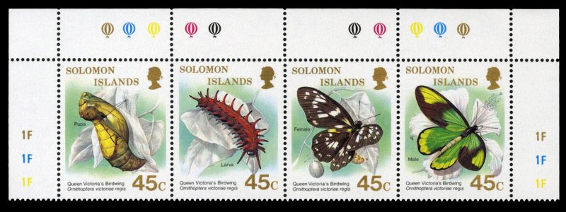 Solomon Islands #606 Cat$20, 1987 Butterflies, se-tenant sheet margin strip o...