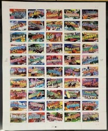 SCOTT 3696-3745  GREETINGS FROM AMERICA POSTCARDS  37¢  SHEET OF 50  MNH