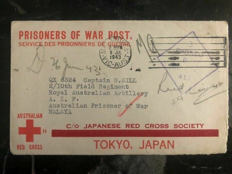 1943 Melbourne Australia To Malaya RedCross Japan POW Prisoner of War Camp Cover