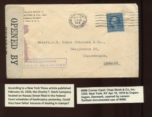 496 COIL EARLIEST DOCUMENTED USE APRIL 15 1919 ON COVER TO DENMARK APS CERT EDU