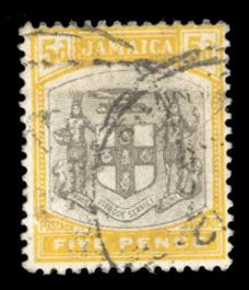 Jamaica #36 Cat$26, 1903 5p gray and yellow, used