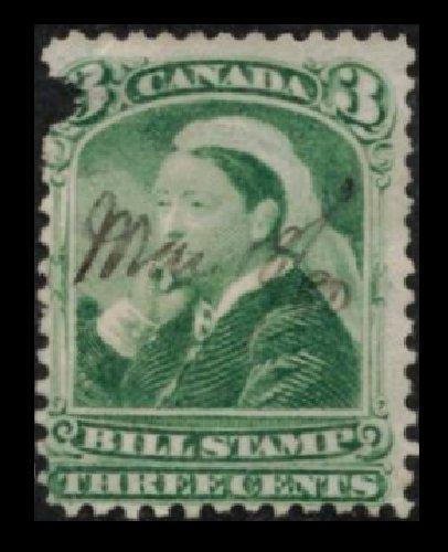 CANADA 1868 QUEEN VICTORIA 3c GREEN #FB40 THIRD BILL STAMP ISSUE, SEE SCAN