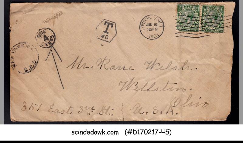 GREAT BRITAIN - 1921 envelope to U.S.A. with KGV STAMPS & ''DUE 4ce...