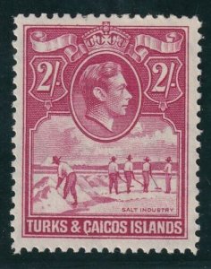 1938 TURKS & CAICOS ISLANDS - SG:203 2/- DEEP ROSE CARMINE - KGVI - MOUNTED MINT 