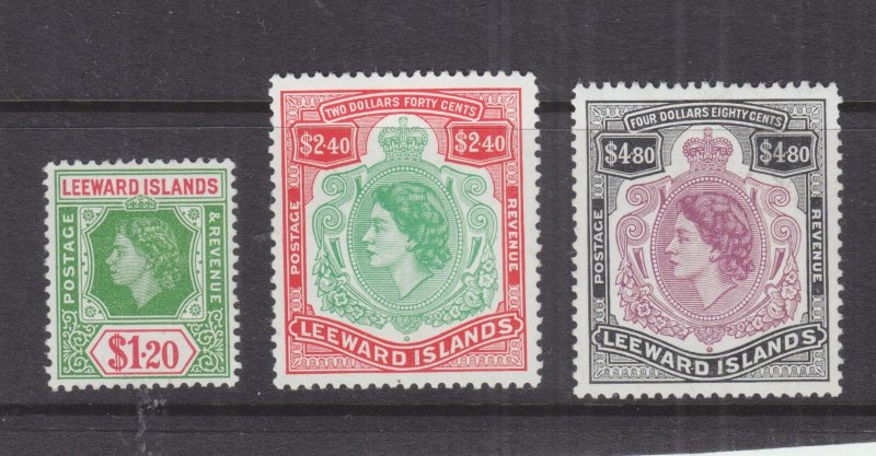 LEEWARD ISLANDS, 1954 QE $ 1.20, $ 2.40 & $ 4.80, lhm.