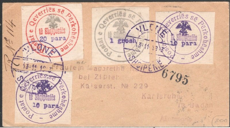 Albania 1913 Cover with provisional stamps VLONE to Karlsruhe RARE !!! VF 