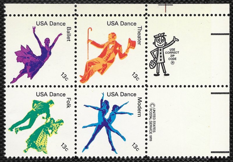 US #1749-1752 MNH zip code block of 4. American Dance.  Nice.