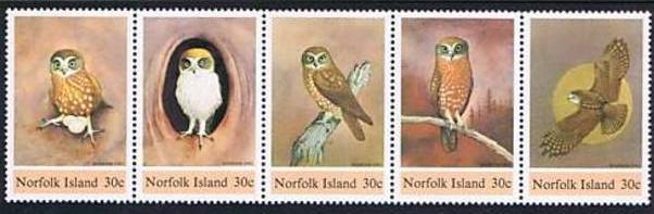 1984 Norfolk Island Scott 343 Boobook Owl Strip of 5 MNH