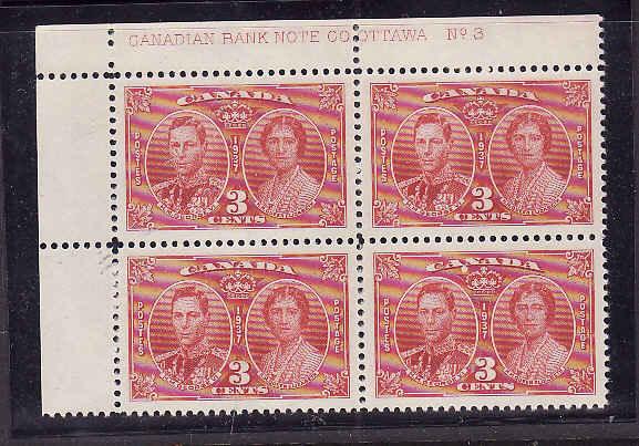 #8711 -Sc#237 - plate block #3  UL - 3c KGVI Coronation .Unused , og NH -