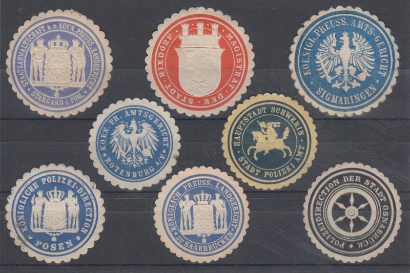 Germany, 8 embossed Municipal & State Seals, VF appearing