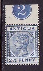 Antigua-Sc#14- id7-unused light hinged 2&1/2p ultra QV-1887-Plate # on selvage-