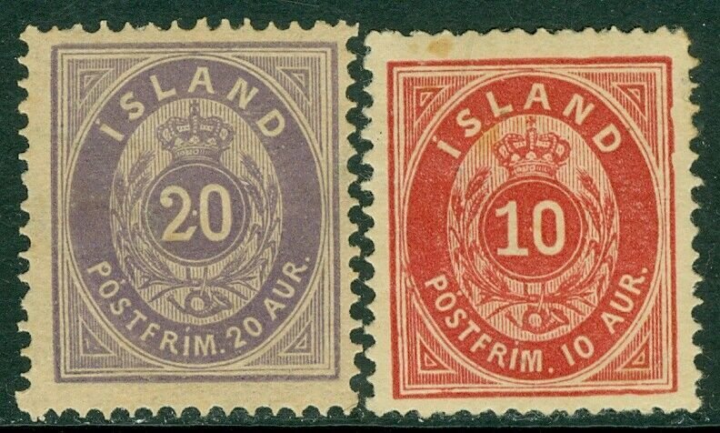 EDW1949SELL : ICELAND 1876 Scott #11, 13 Mint, large part Original Gum. Cat $345