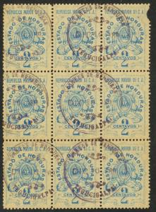 HONDURAS 1897 2c Blue Documentary Tax Revenue w Control Handstamp BLOCK 9 MNH