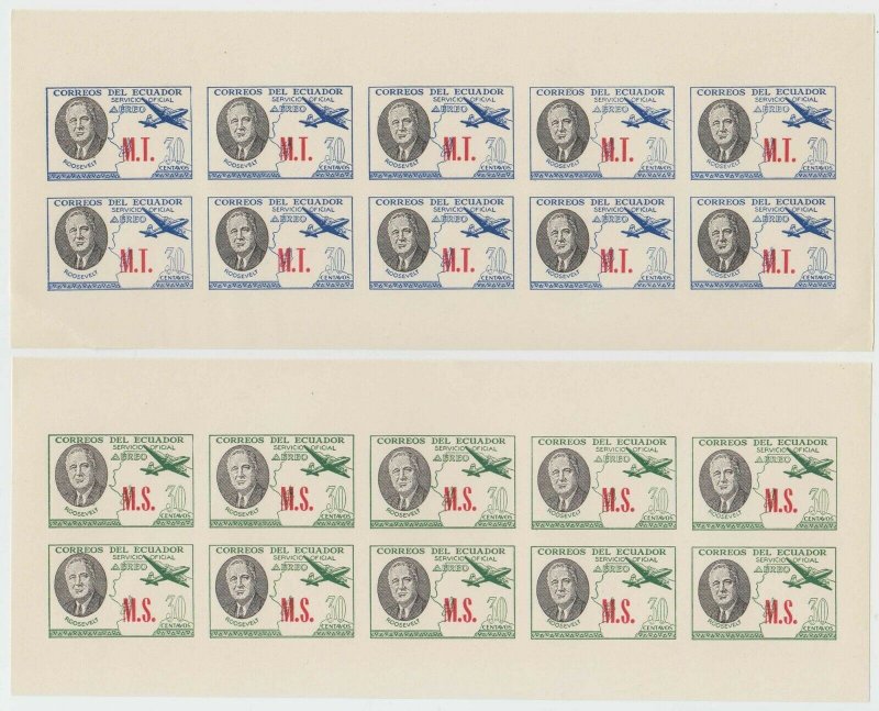 ECUADOR 1949 ROOSEVELT ORDNRY & AIR OFFICIAL Brt O240-O257 SET 18 IMPERF SHEETS 