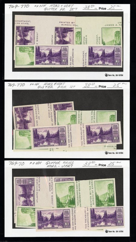 US Stamps # 769-70 MNH XF Lot Of 9 Gutter Pair Sets (36 Pairs) Scott Value $346