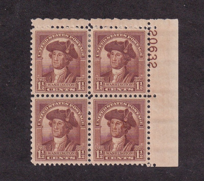 1932 Washington Bicentennial 1.5c brown  Sc 706 MHR plate block of 4 (YE