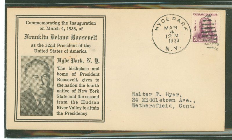 US 726 1933 Commemorating the Inauguration on March 4 of Franklin D. Roosevelt at his birthplace, Hyde park, NY.