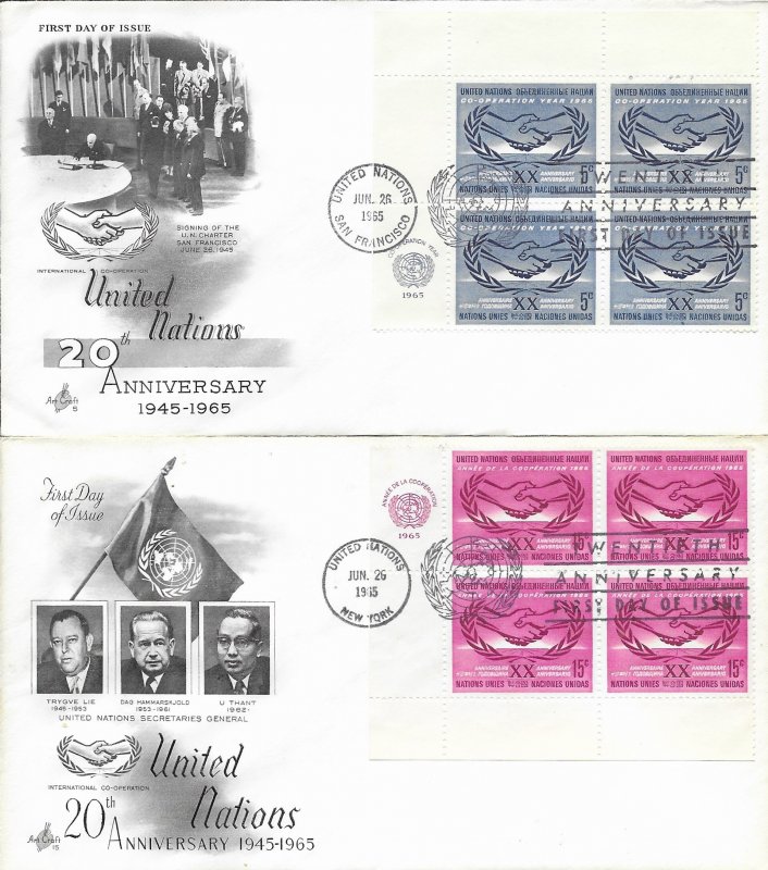 1965 UN FDC, #143-144 NY, U.N. 25th Anniversary, Art Craft, inscription B4