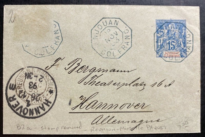 1893 Anjouan Comoros Island Stationery Paqueboat cover To Hannover Germany