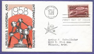 1104 BRUSSELS FAIR 3c, 1958 CACHET CRAFT/BOLL FIRST DAY COVER, ADDR.