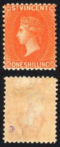 St Vincent SG45x 1/- Orange-vermilion Wmk Crown CA REVERSED Perf 12 Fresh M/Mint