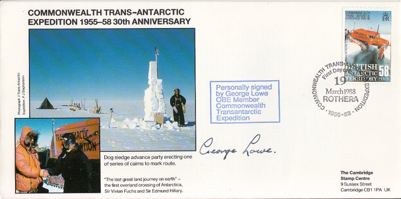 British Antarctic Territory FDC Sc 148 Signed George Lowe Cachet Dog sledge a...