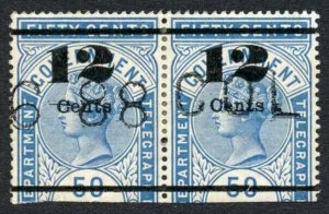 Ceylon Telegraph SGT26 12c on 50c Blue Type T20 only 6000 printed PAIR