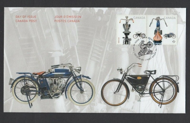 MOTORCYCLES = 1908 CCM and 1914 INDIAN = Se-tenant pair FDC / OFDC Canada 2013