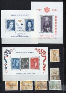 MONACO 1989 SET OF 5 STAMPS, SHEET OF 10 STAMPS & 3 S/S MNH