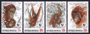 Indonesia 1380-1383, 1381a, 1383a, MNH. Mi 1291-1294, 2 Bl. WWF 1989. Orangutans