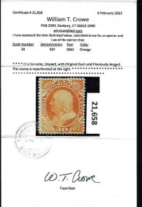 WCstamps: U.S. Scott #38 / 30c Orange, VF, Mint OGh, 2023 Crowe Cert / CV $1,900