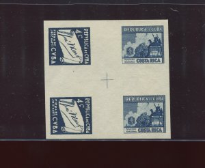 1937 4c Cuba and Costa Rica Imperf Blue Plate Proof Se-Tenant CROSS Gutter BLOCK