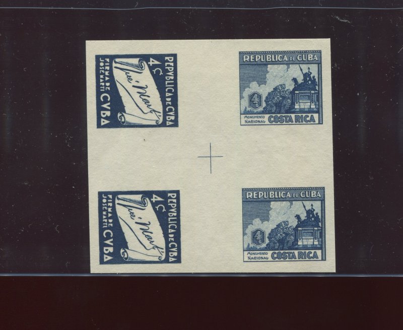 1937 4c Cuba and Costa Rica Imperf Blue Plate Proof Se-Tenant CROSS Gutter BLOCK