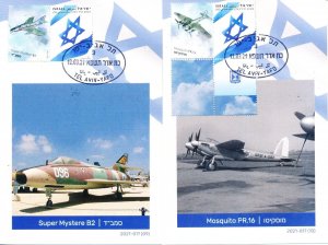 ISRAEL 2021 AIR FORCE AIRCRAFT - ISRAEL POSTAL SERVICE SHEETS 1&2 MAXIMUM CARDS 