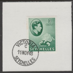 SEYCHELLES 1938 KG6  3c green  on piece with MADAME JOSEPH  POSTMARK
