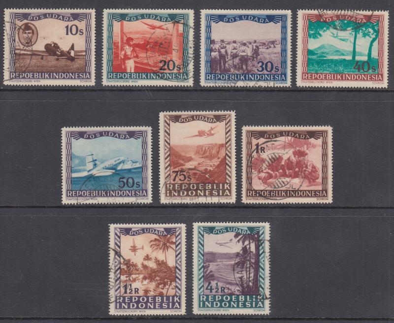 Indonesia Sc C1-C9 used 1948 Air Post issue, short set to 4½r value