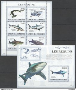 2009 Comoros Fish & Marine Life Sharks Requins Kb+Bl ** Uc056