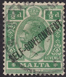 Malta 1922 KGV 1/2d Green Self Govt Ovpt used SG 115 ( B471 )