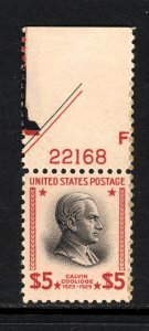 SCOTT 834 1938 $5 COOLIDGE REGULAR ISSUE PNS MH OG VF CAT $40!