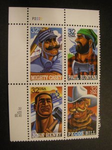 Scott 3083-6 or 3086a, 32c Folk Heroes, PB4 #P2222 UL, MNH Commemorative Beauty