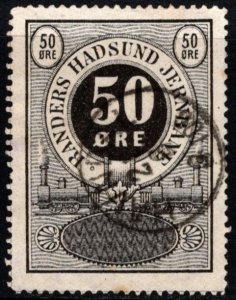 Vintage Denmark Private Local Stamp 50 Ore Randers, Hadsund Railways Used